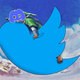 An image of Link soaring through the air on the Twitter bird logo with the Discord logo over his face like a mask.